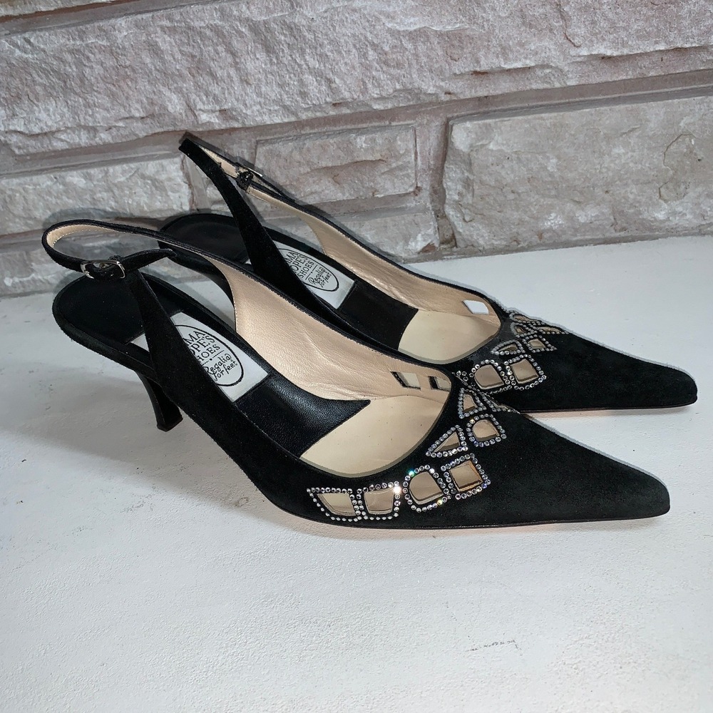 Emma Hope Black Suede Crystal Cut-Out Slingback Pumps Kitten Heel Italy 37